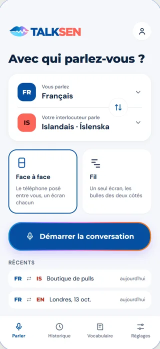 Écran d’accueil : choix des deux langues