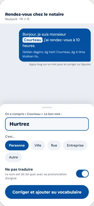 Écran Vocabulaire de TALKSEN