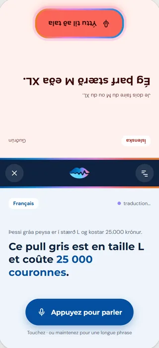 Mode face à face de TALKSEN : l’écran partagé en deux, une moitié retournée