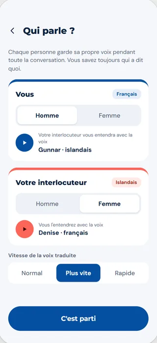Écran Qui parle ? : choix d’une voix d’homme ou de femme