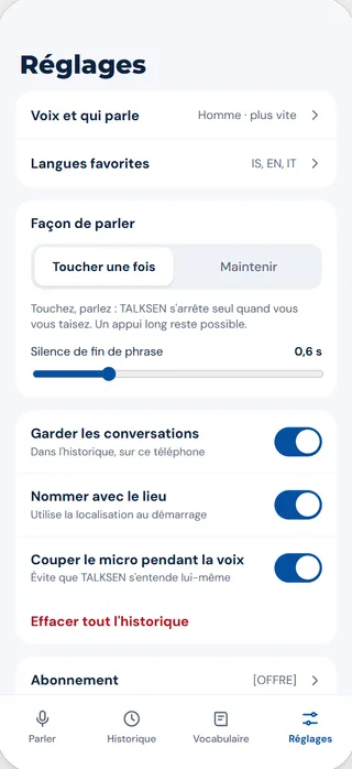 Écran Réglages de TALKSEN