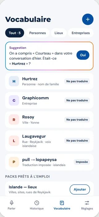Écran Vocabulaire : noms propres protégés